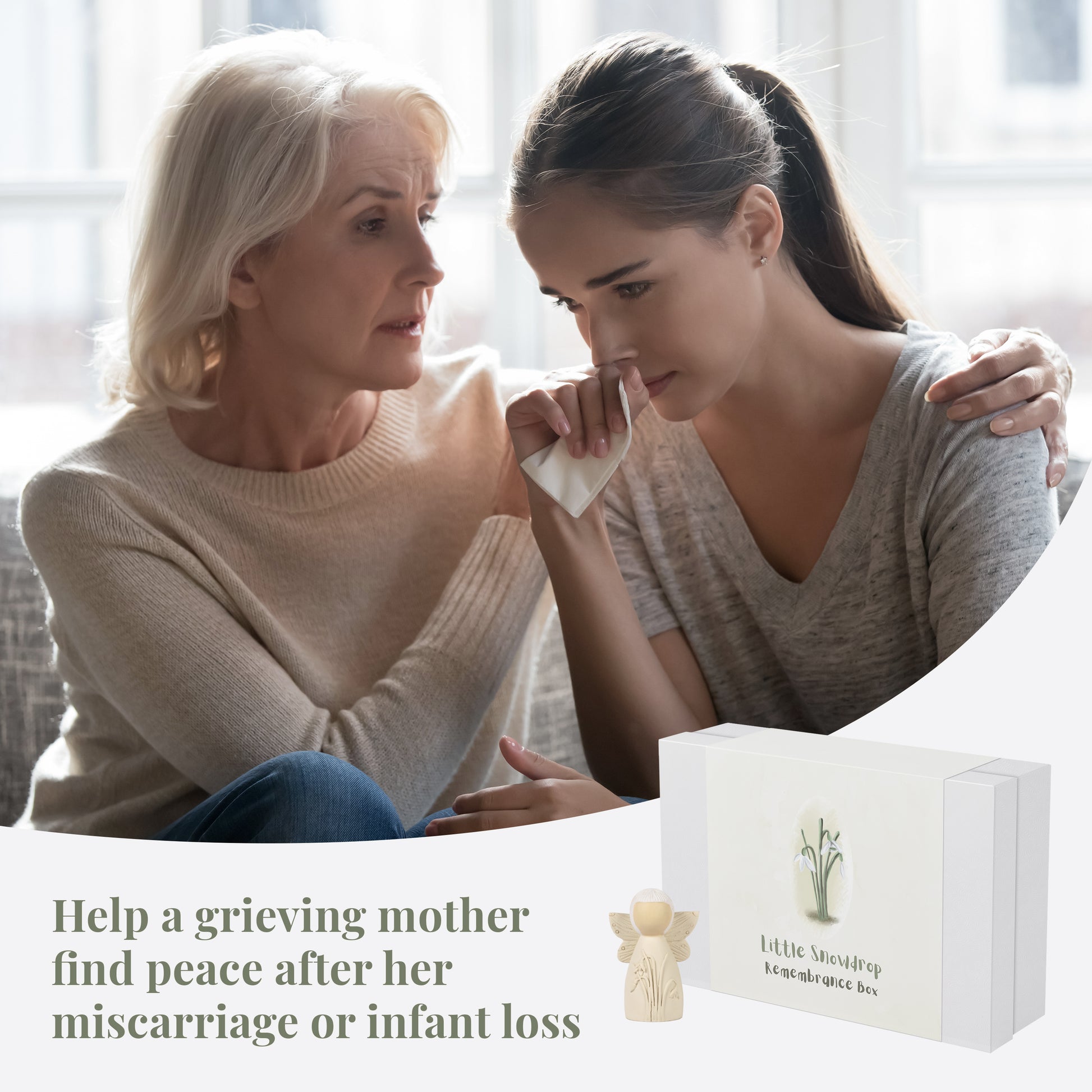 grandma consoling grieving mom after pregnancy loss with a miscarriage gift