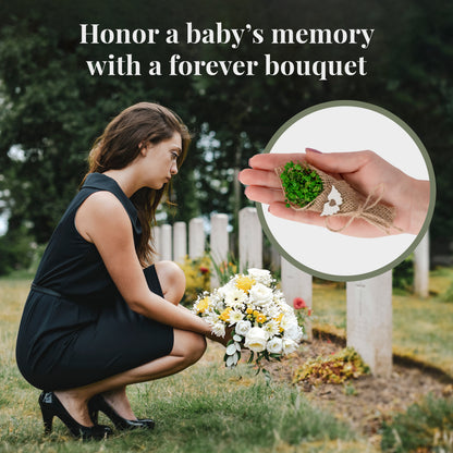 Miscarriage gifts - grieving mother placing flower bouquet near her baby's grave after pregnancy loss