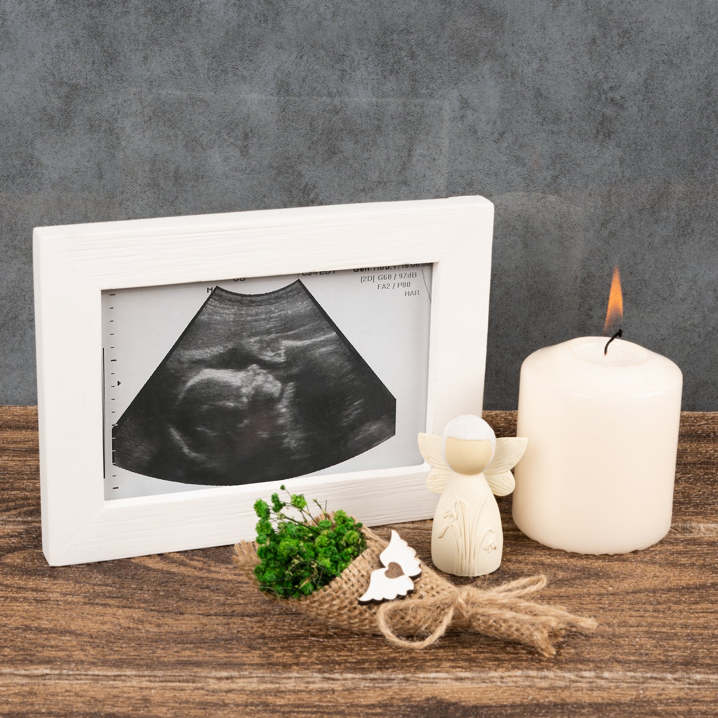 Miscarriage gifts - miscarriage angel figurine, flowers bouquet, sonogram frame and mourning candle. Pregnancy loss, infant loss gifts.